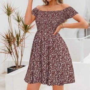 Red floral off shoulder dress